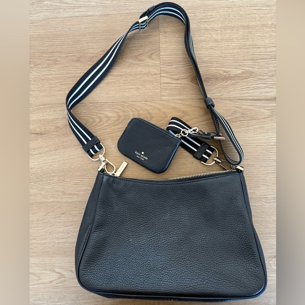 Kate Spade Black Pebbled Leather Crossbody Bag with Striped Strap and Coinpurse - Picture 5 of 7